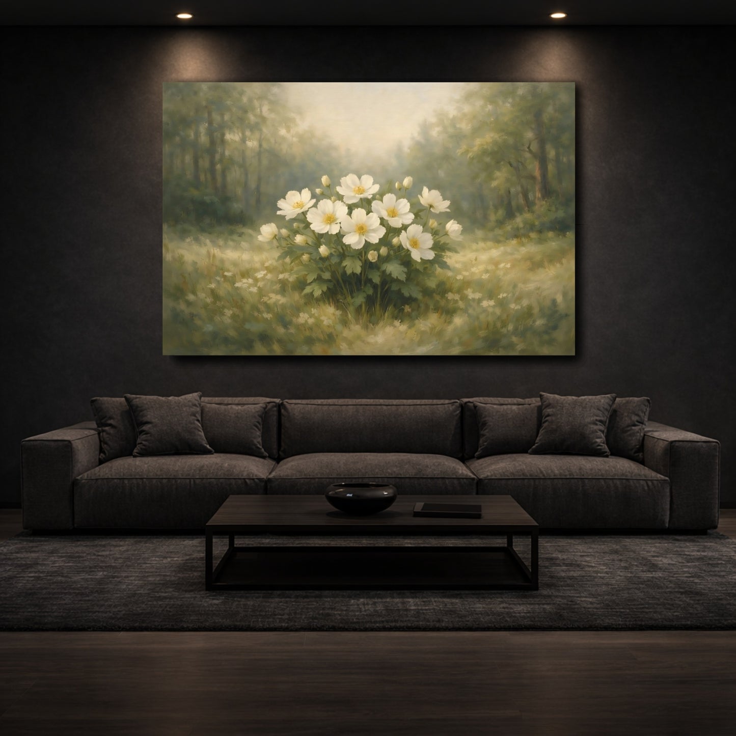 Mockup 2. Floral White Flowers White Flowers Green shown as stretched canvas wall art