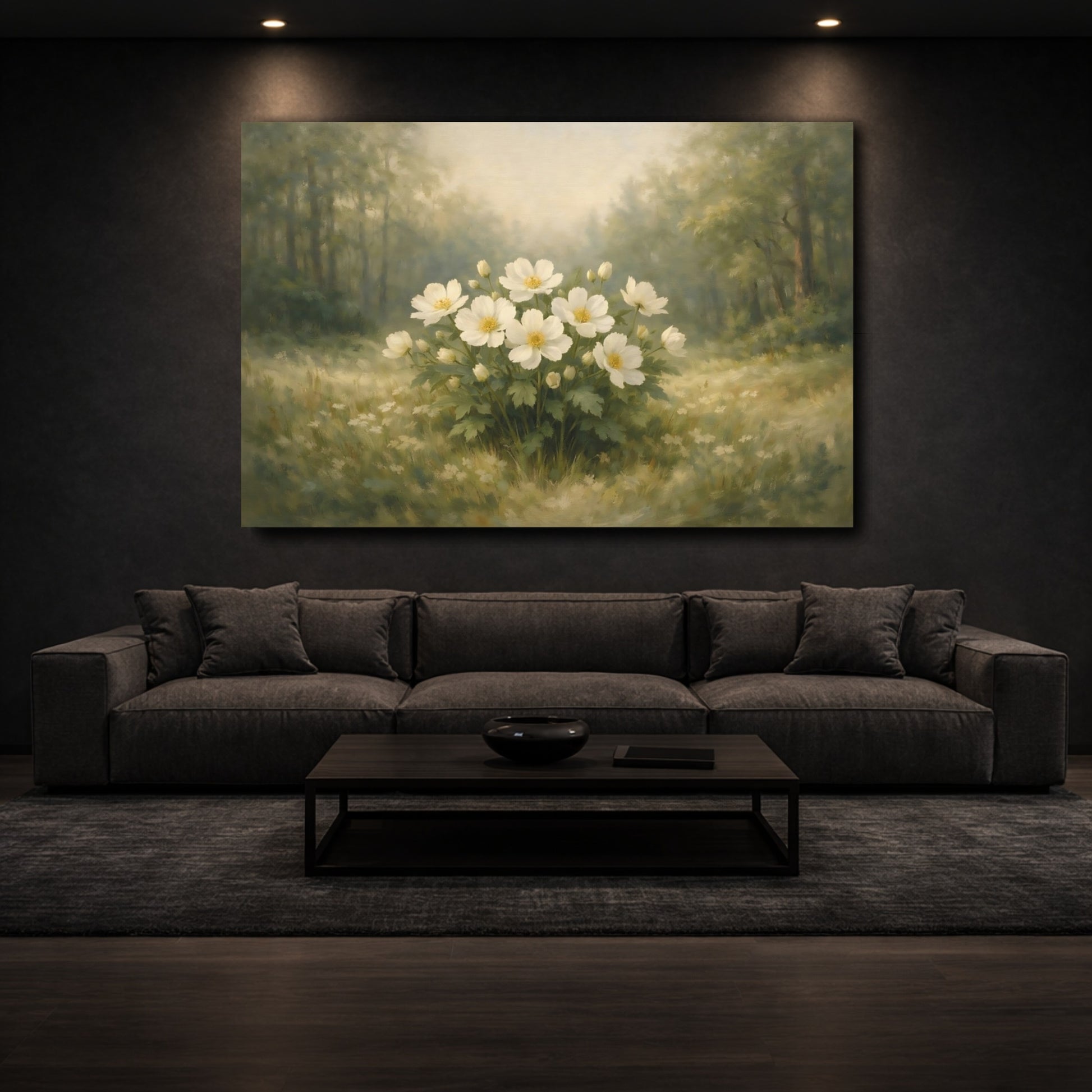 Mockup 2. Floral White Flowers White Flowers Green shown as stretched canvas wall art