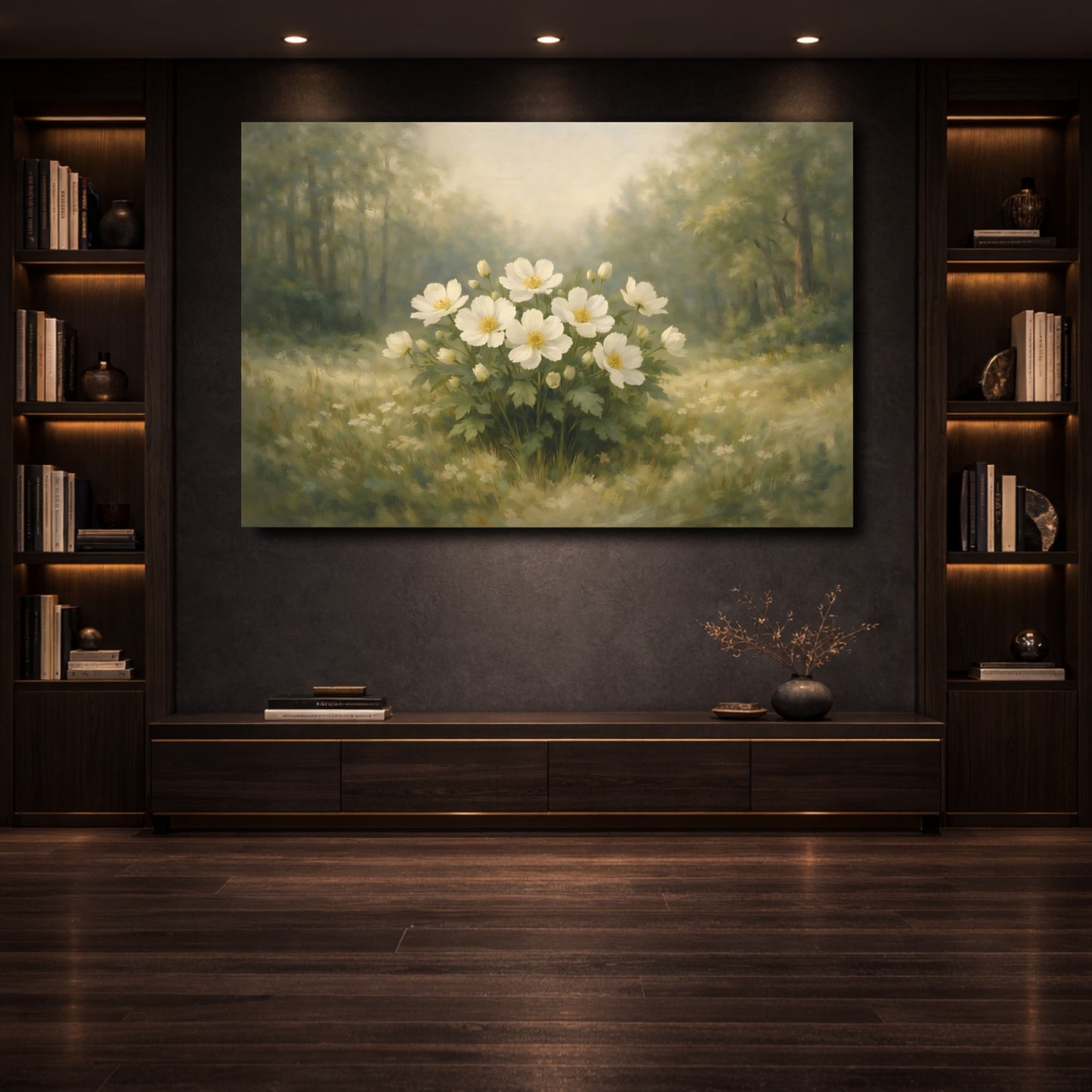 Mockup 3. Floral White Flowers White Flowers Green shown as stretched canvas wall art