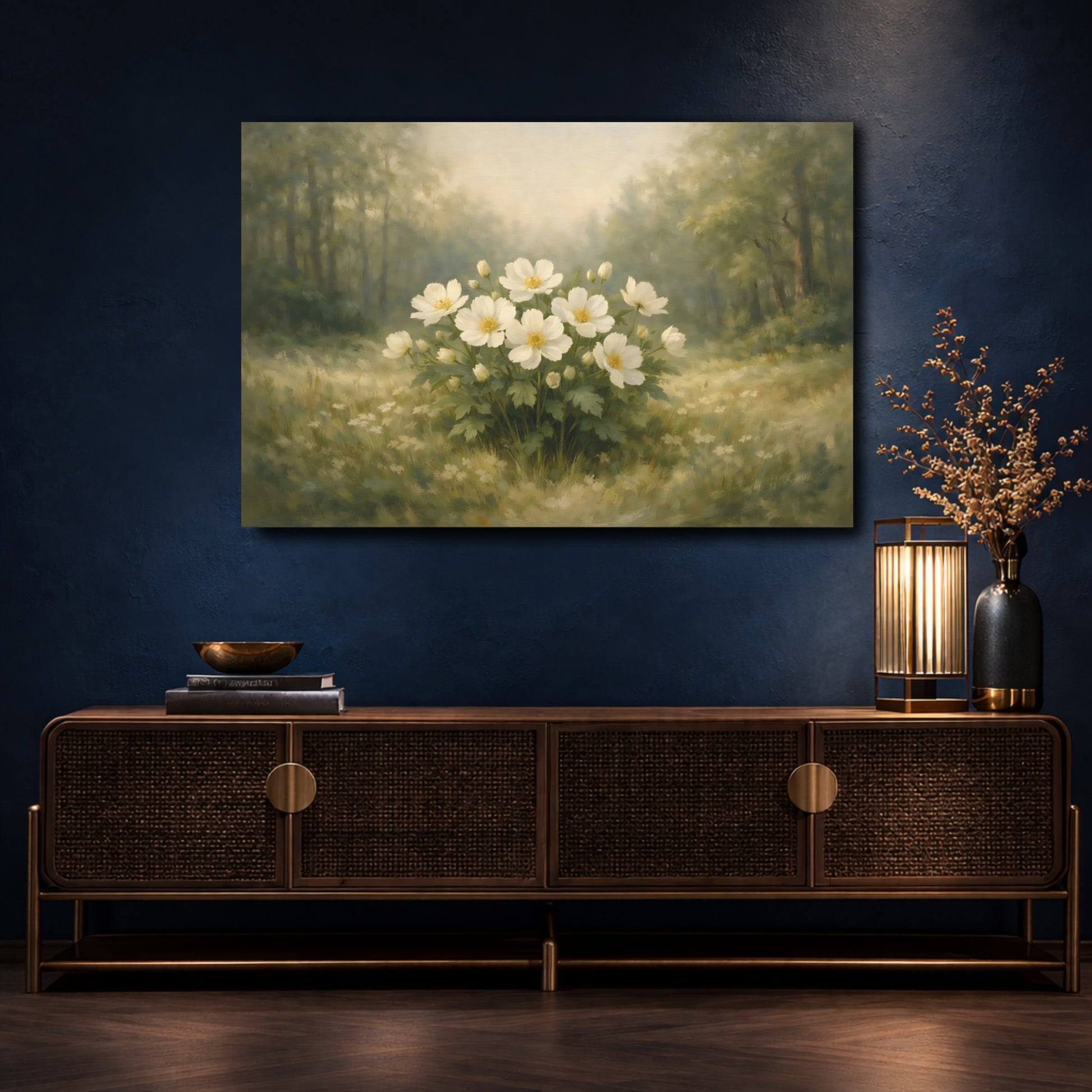 Mockup 4. Floral White Flowers White Flowers Green shown as stretched canvas wall art