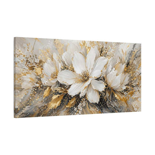 Main Mockup. Floral White Flowers White Gold Abstract shown as stretched canvas wall art