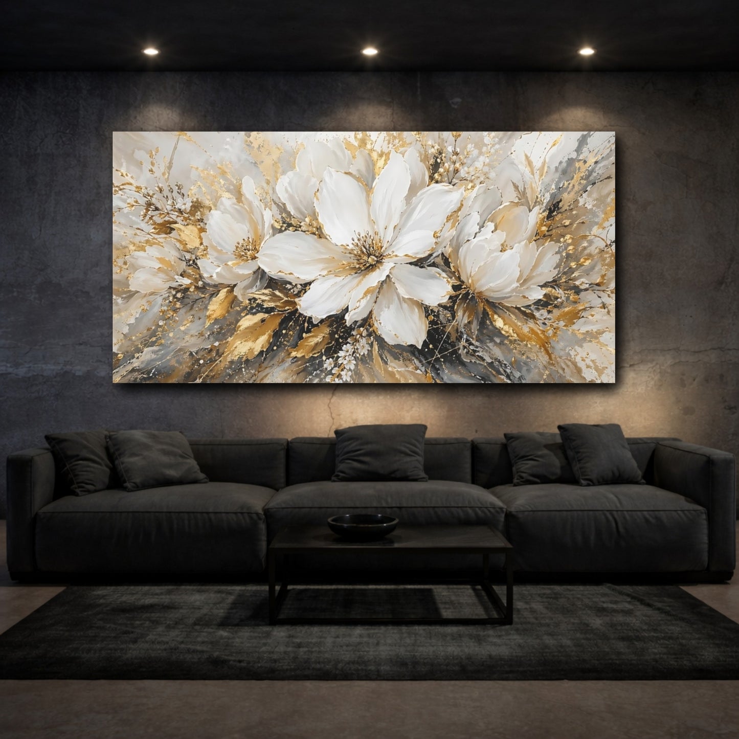 Mockup 2. Floral White Flowers White Gold Abstract shown as stretched canvas wall art