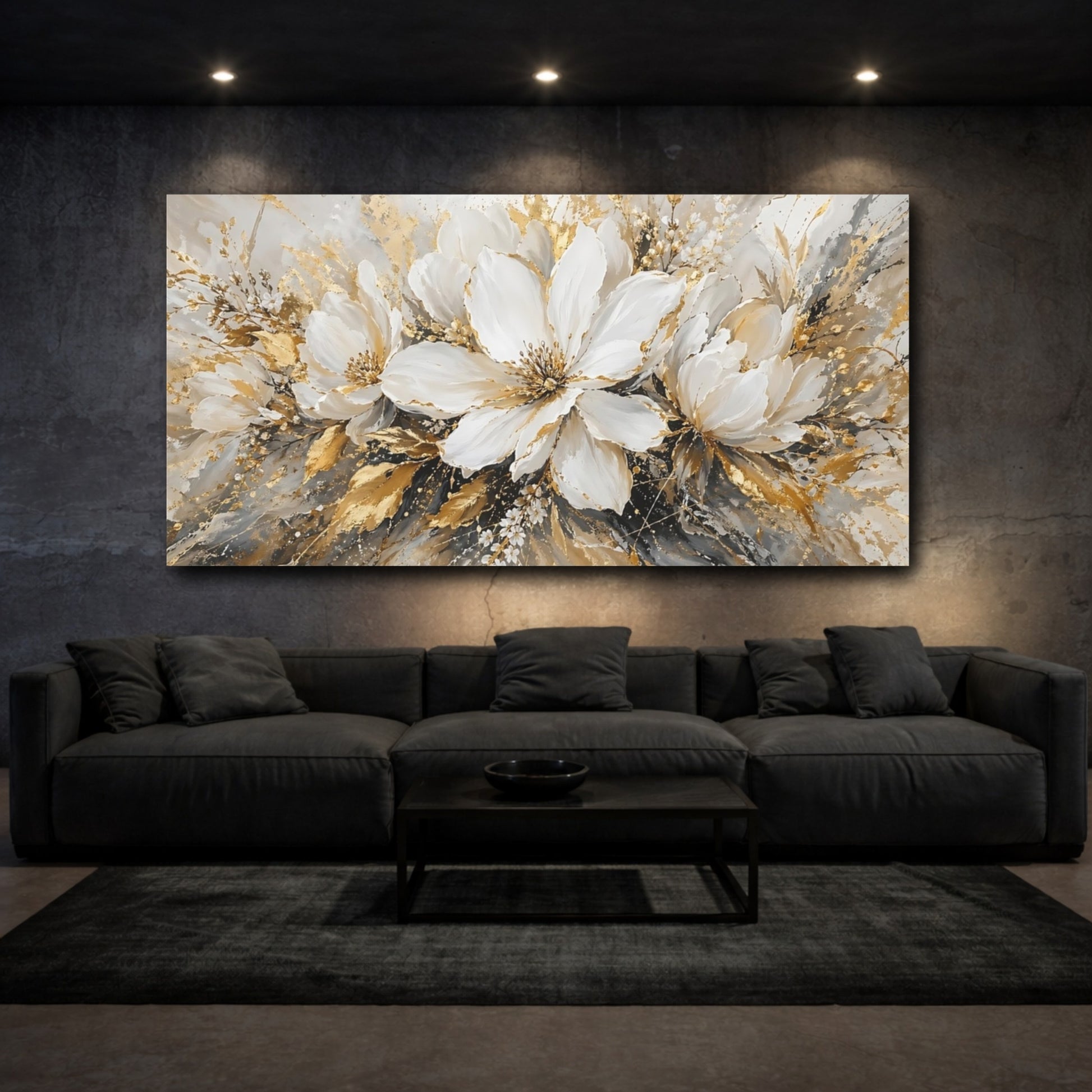 Mockup 2. Floral White Flowers White Gold Abstract shown as stretched canvas wall art