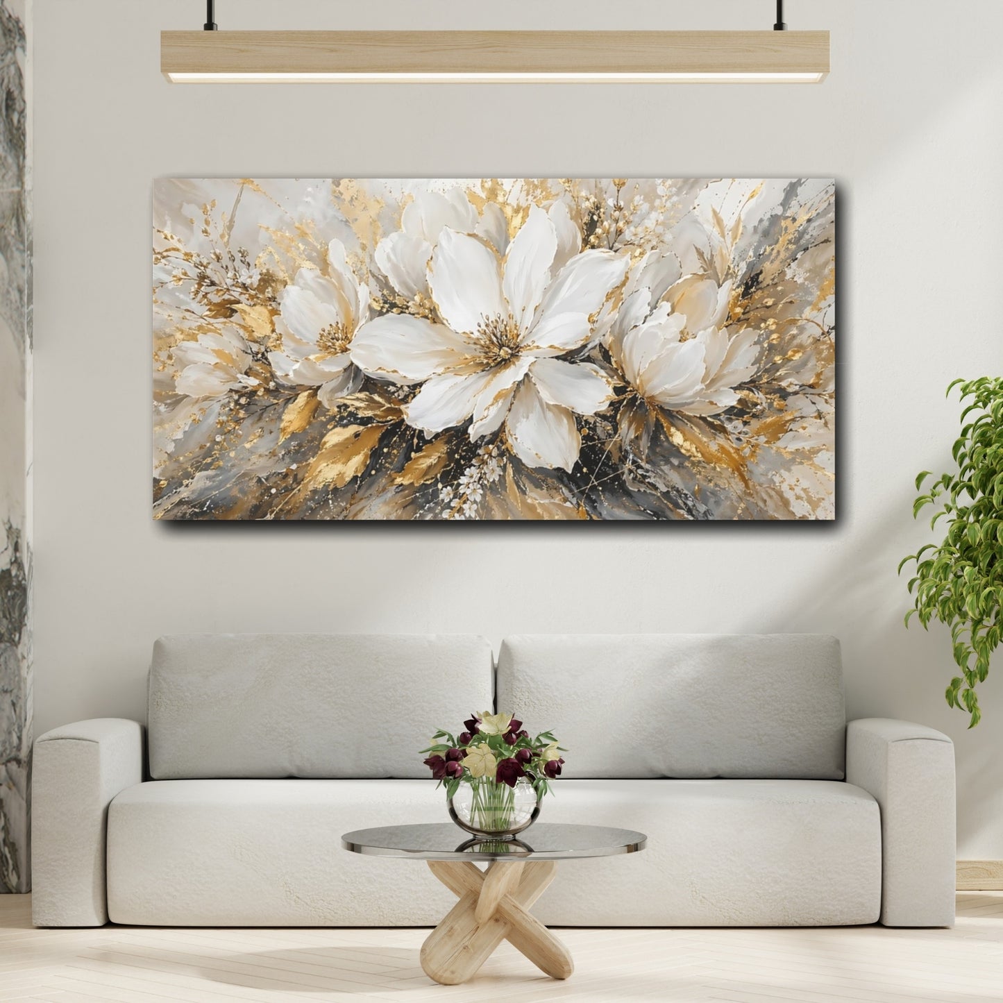 Mockup 3. Floral White Flowers White Gold Abstract shown as stretched canvas wall art