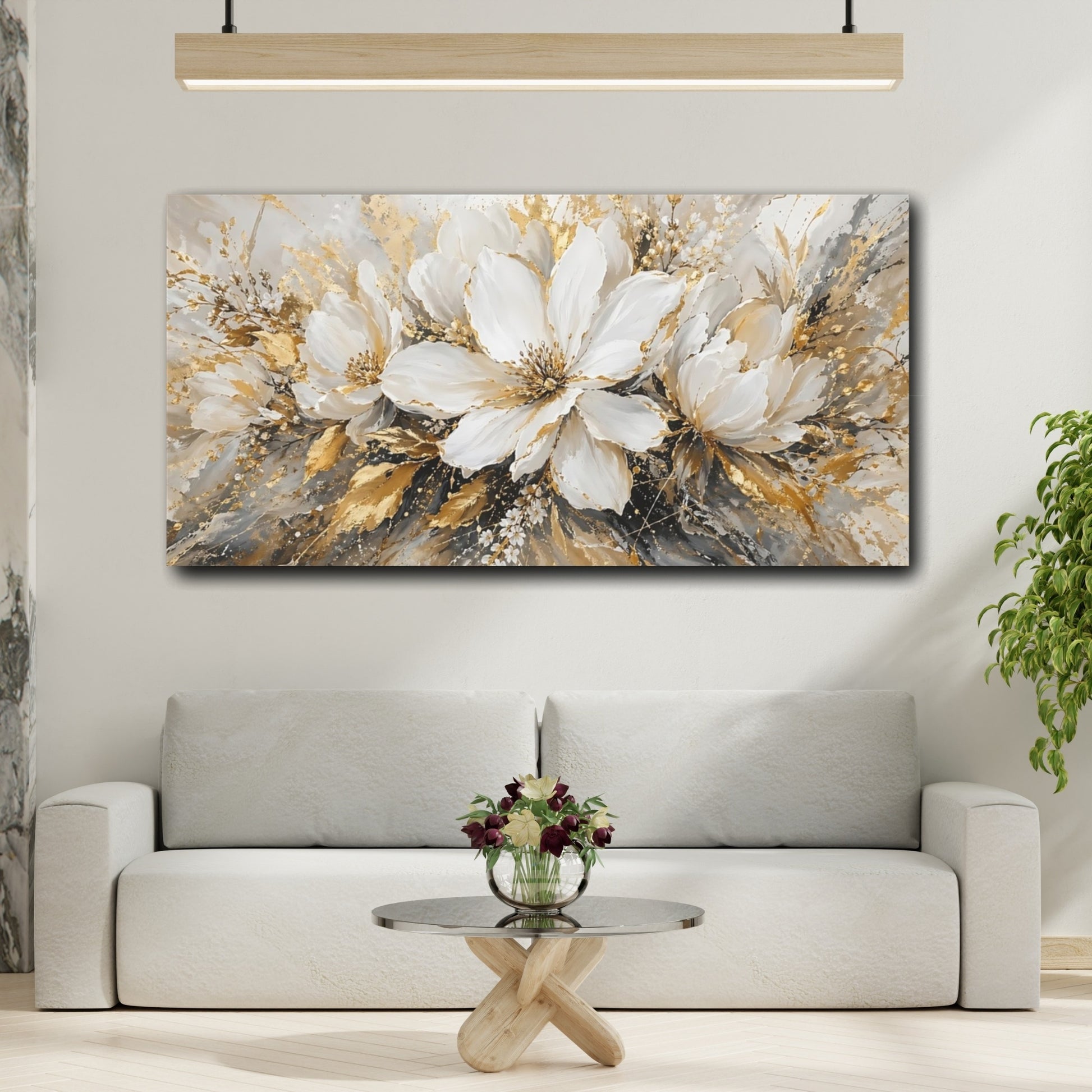 Mockup 3. Floral White Flowers White Gold Abstract shown as stretched canvas wall art