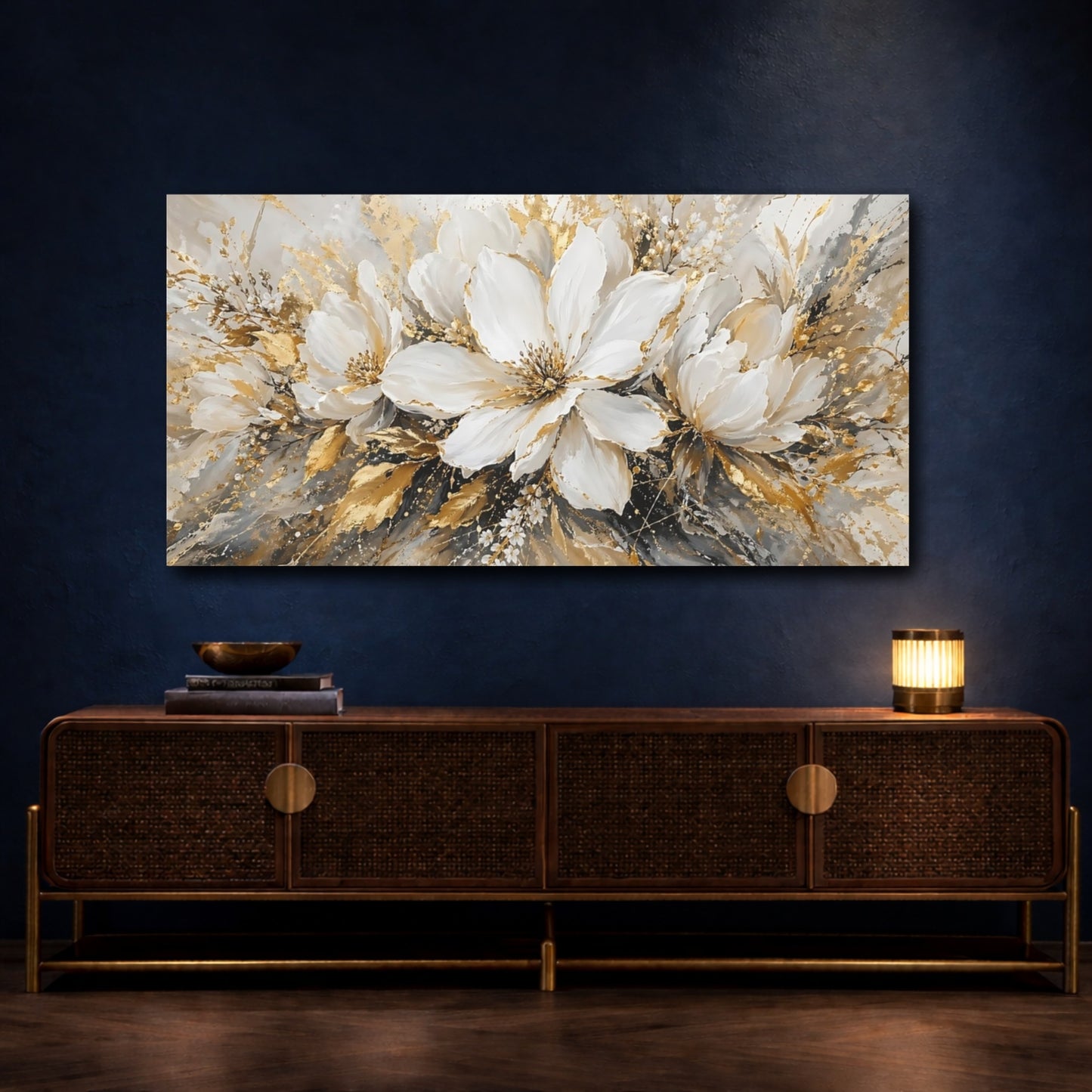 Mockup 4. Floral White Flowers White Gold Abstract shown as stretched canvas wall art
