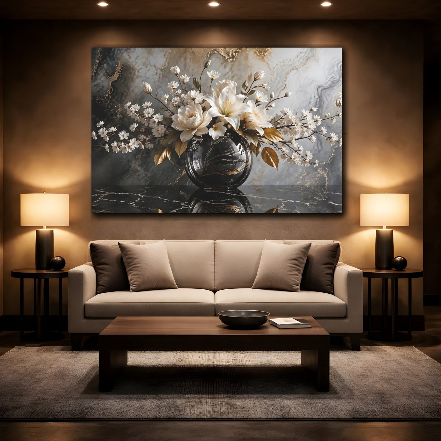 Mockup 2. Floral White Flowers White Gold Black shown as stretched canvas wall art