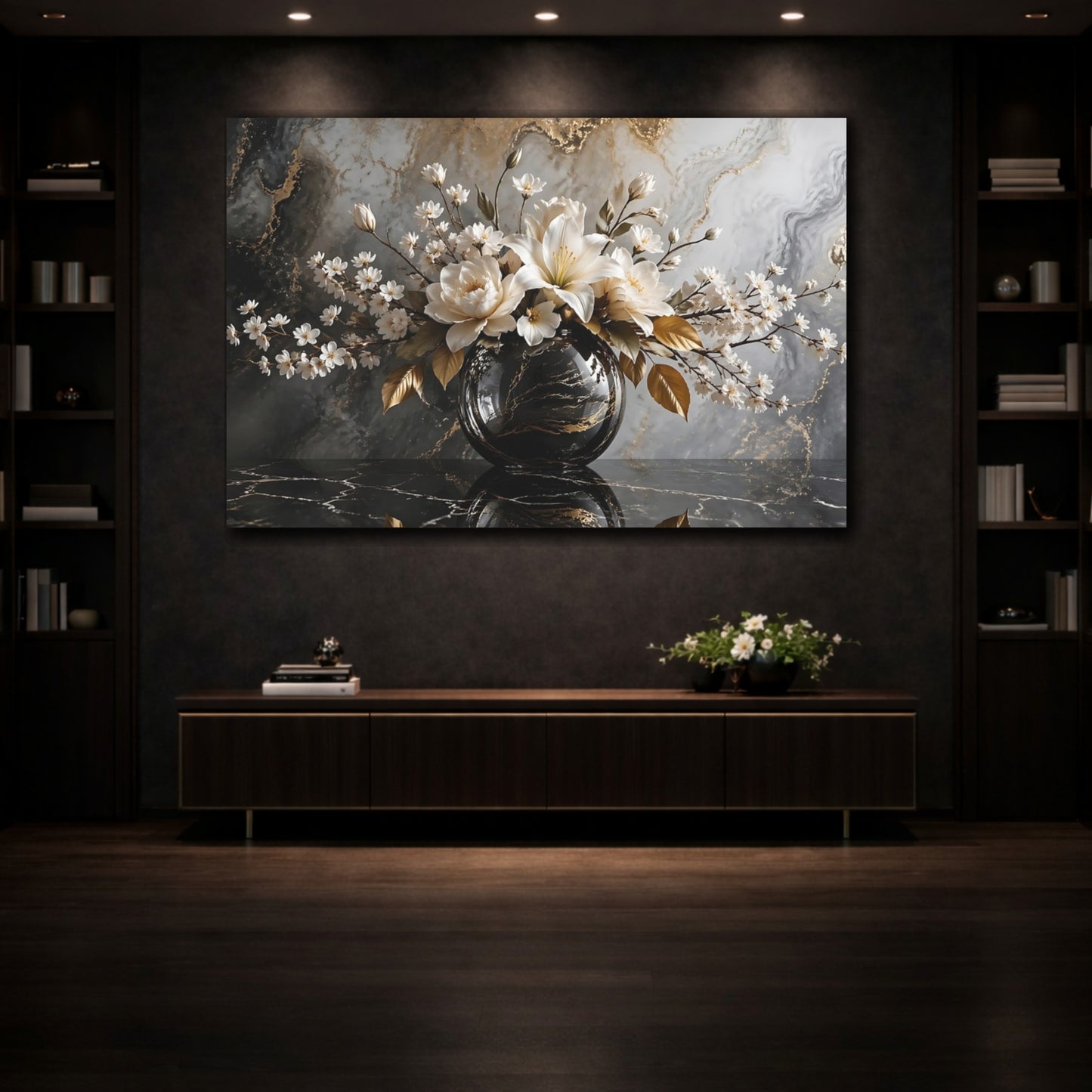 Mockup 3. Floral White Flowers White Gold Black shown as stretched canvas wall art