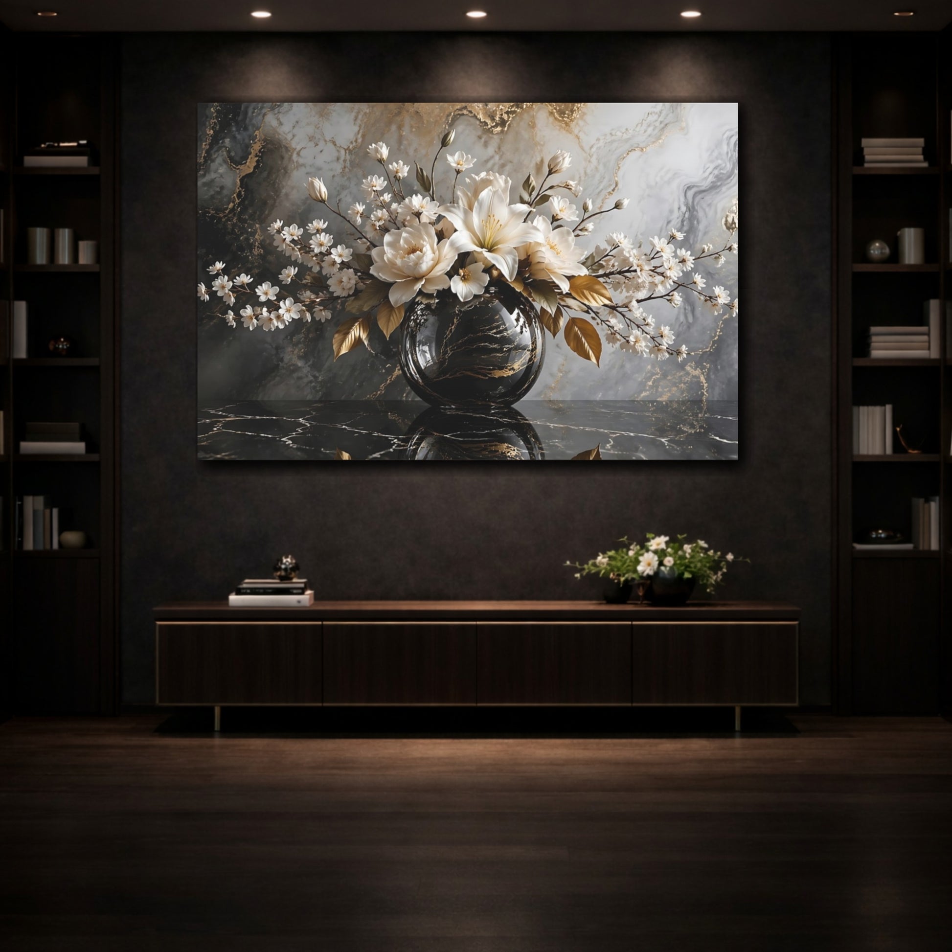Mockup 3. Floral White Flowers White Gold Black shown as stretched canvas wall art