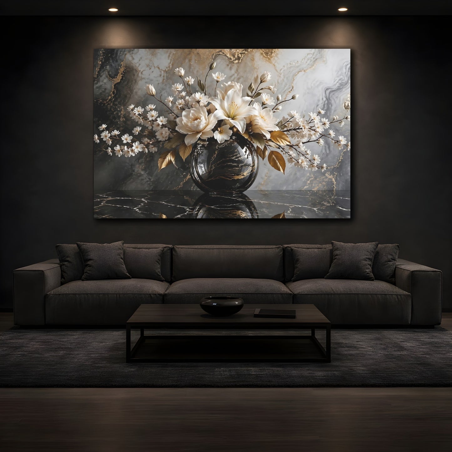Mockup 4. Floral White Flowers White Gold Black shown as stretched canvas wall art