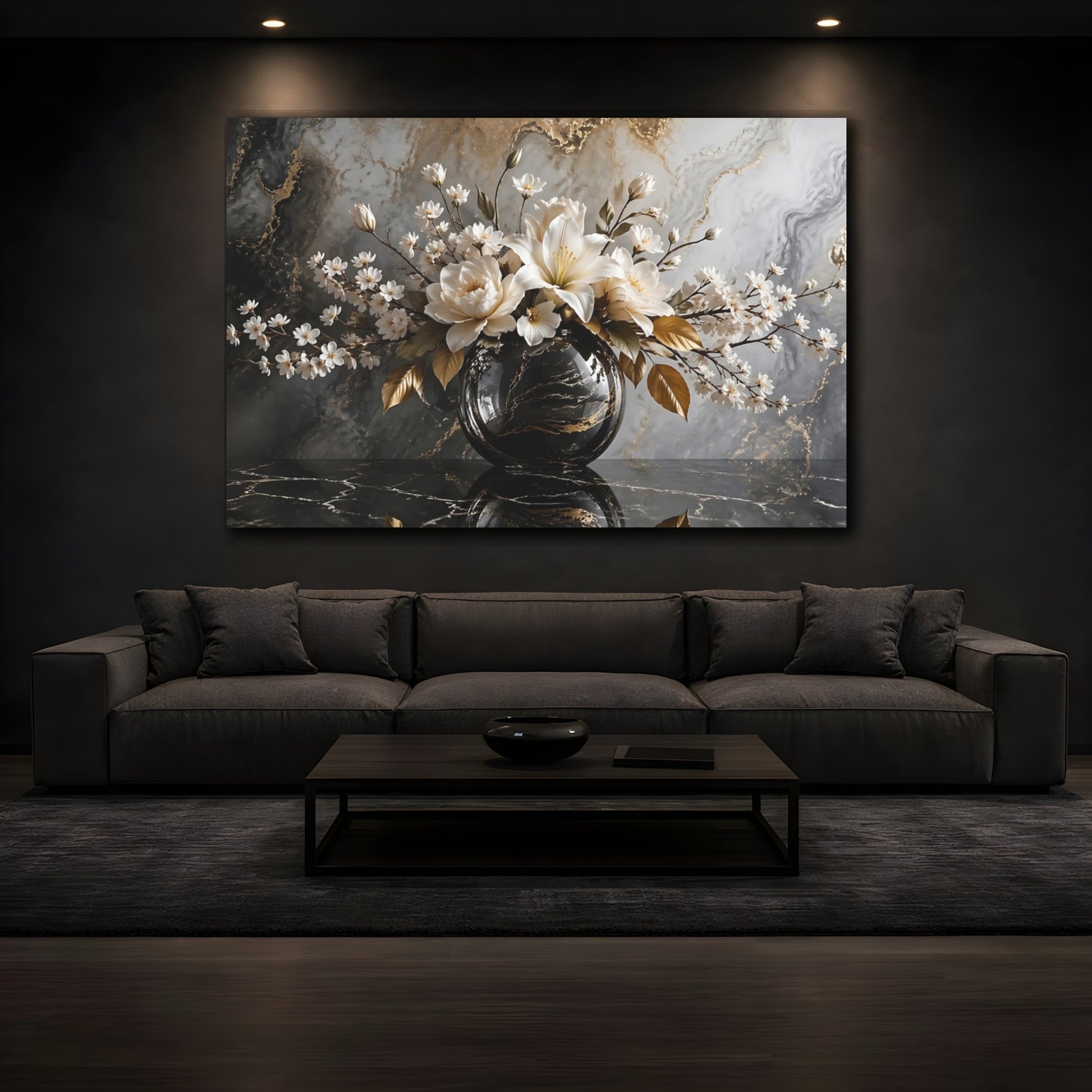 Mockup 4. Floral White Flowers White Gold Black shown as stretched canvas wall art