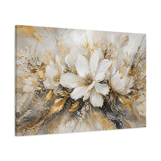 Main Mockup. Floral White Flowers White Gold Floral shown as stretched canvas wall art