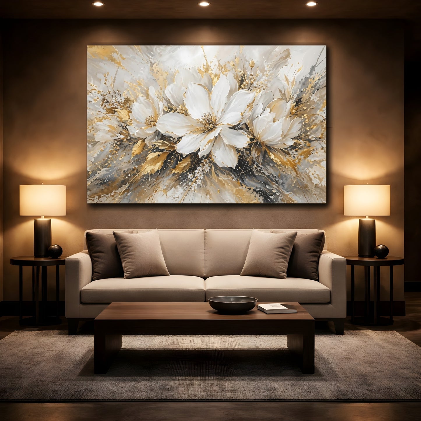 Mockup 2. Floral White Flowers White Gold Floral shown as stretched canvas wall art