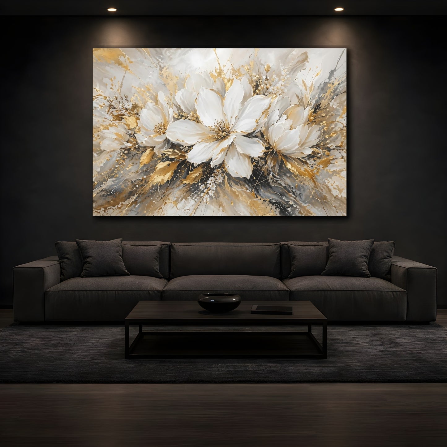 Mockup 3. Floral White Flowers White Gold Floral shown as stretched canvas wall art