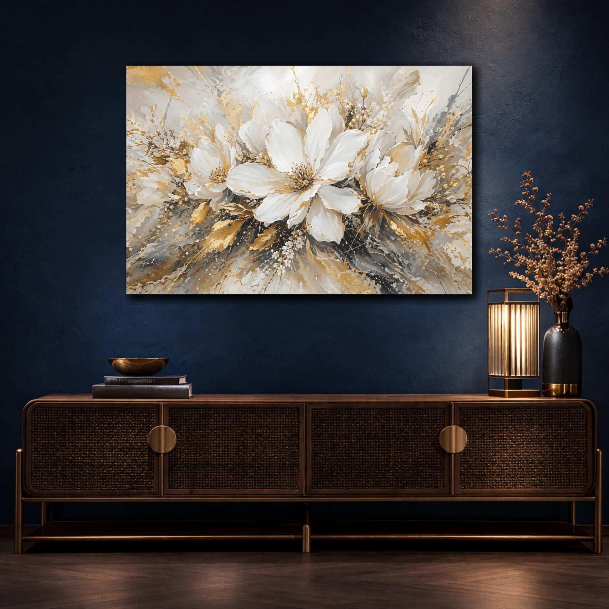 Mockup 4. Floral White Flowers White Gold Floral shown as stretched canvas wall art