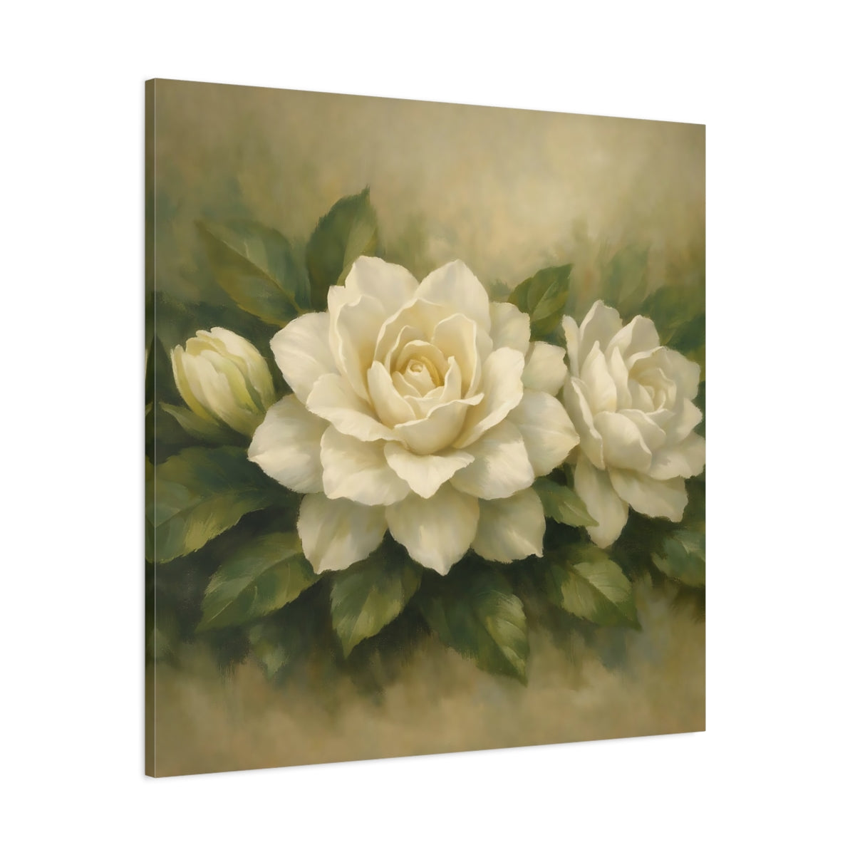 Main Mockup. Floral White Gardenia White Gardenia shown as stretched canvas wall art