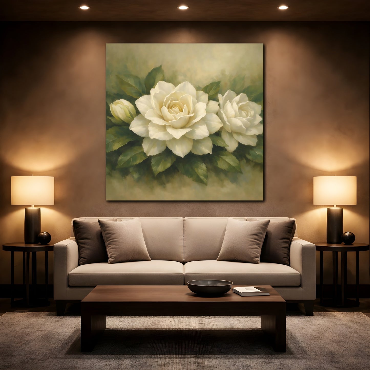 Mockup 2. Floral White Gardenia White Gardenia shown as stretched canvas wall art