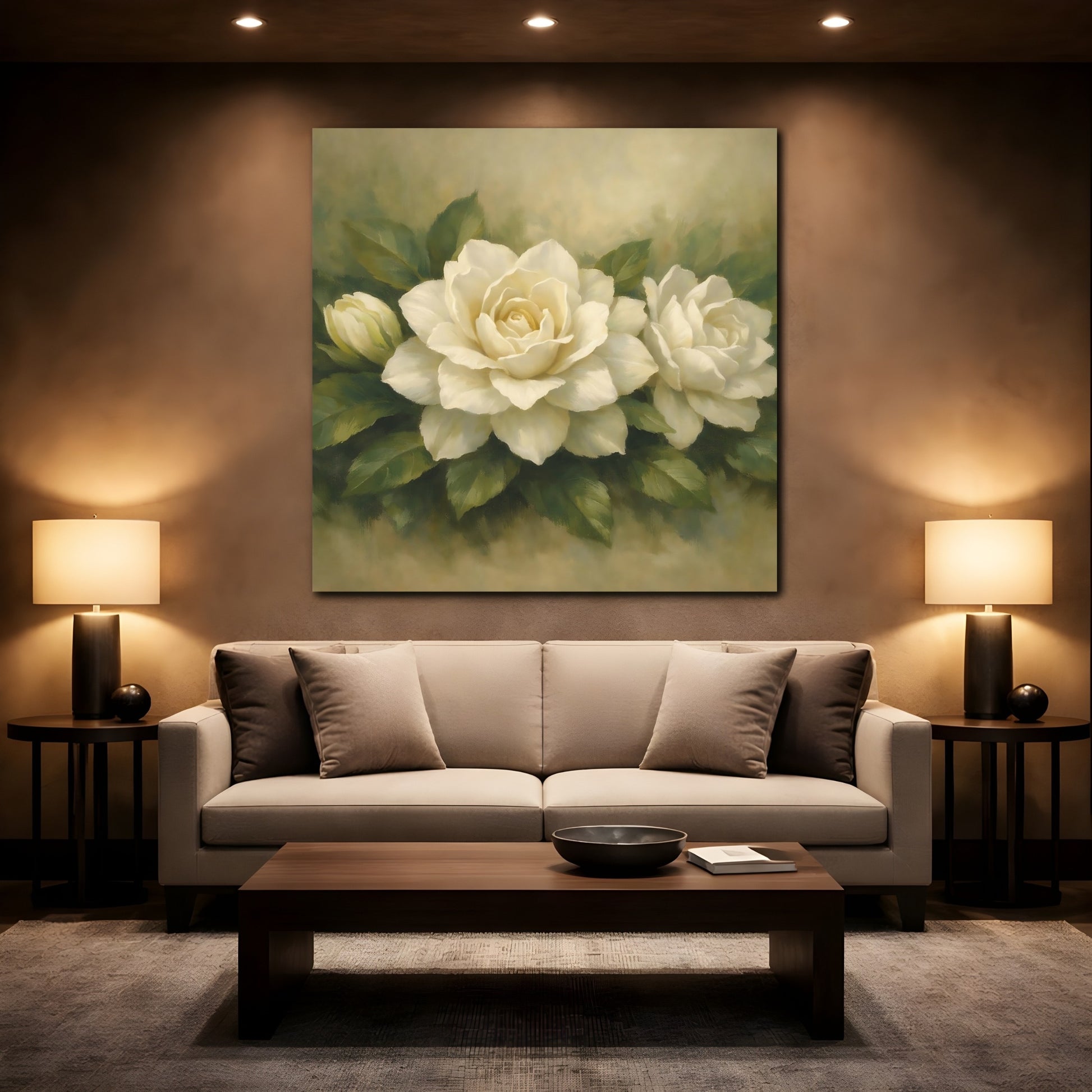 Mockup 2. Floral White Gardenia White Gardenia shown as stretched canvas wall art