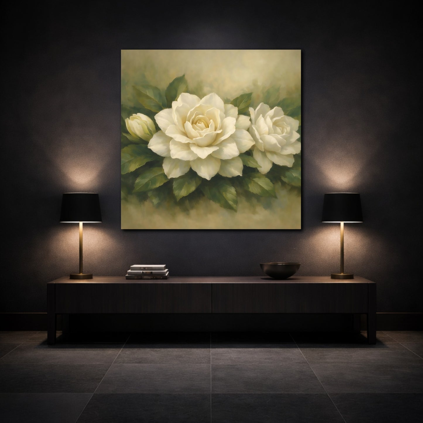 Mockup 3. Floral White Gardenia White Gardenia shown as stretched canvas wall art