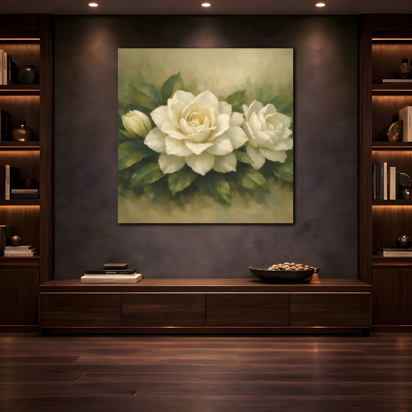 Mockup 4. Floral White Gardenia White Gardenia shown as stretched canvas wall art