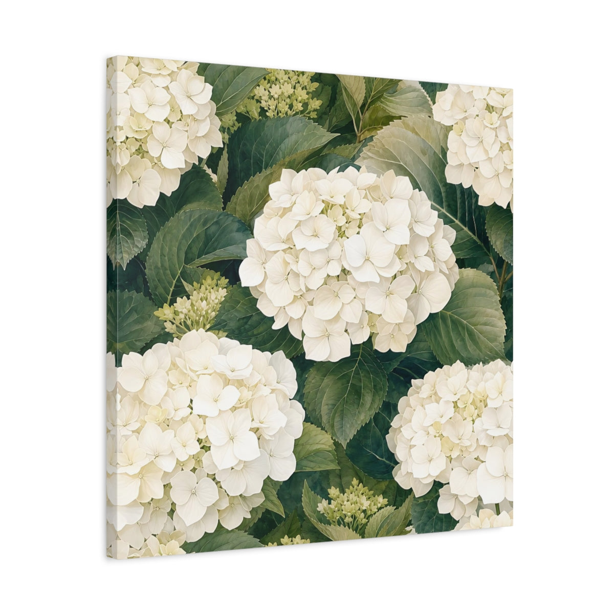 Side Mockup 4. Floral White Hydrangea White And Green shown as stretched canvas wall art