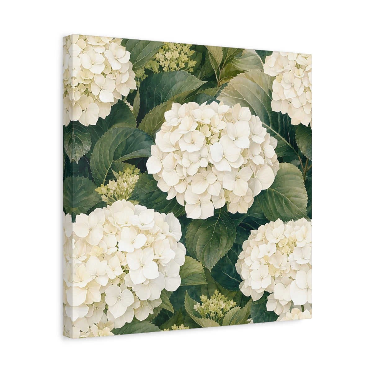 Side Mockup 6. Floral White Hydrangea White And Green shown as stretched canvas wall art