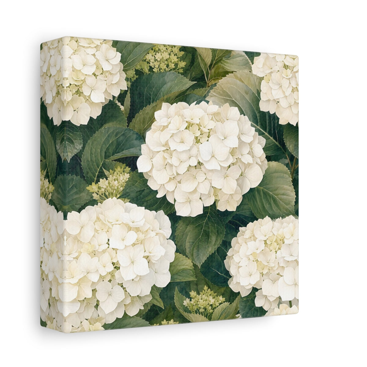 Side Mockup 2. Floral White Hydrangea White And Green shown as stretched canvas wall art