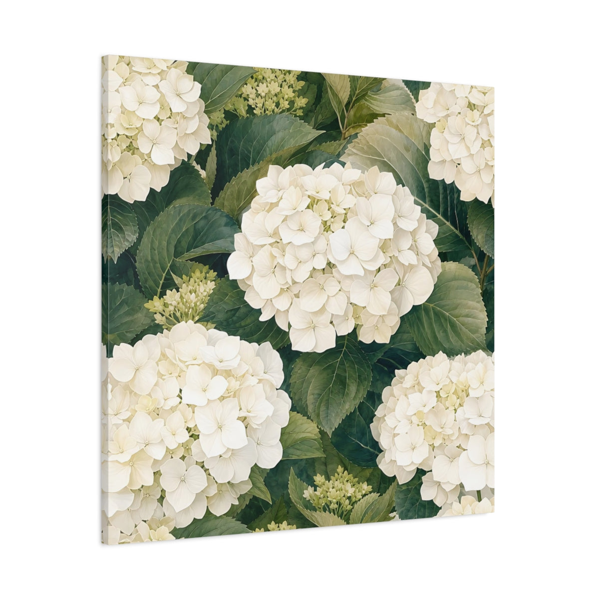 Side Mockup 1. Floral White Hydrangea White And Green shown as stretched canvas wall art