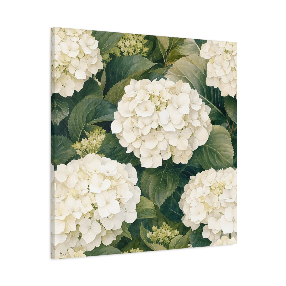 Main Mockup. Floral White Hydrangea White And Green shown as stretched canvas wall art