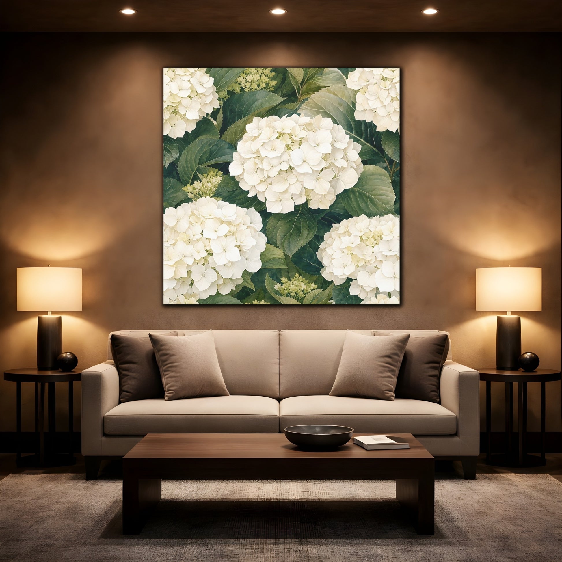 Mockup 2. Floral White Hydrangea White And Green shown as stretched canvas wall art