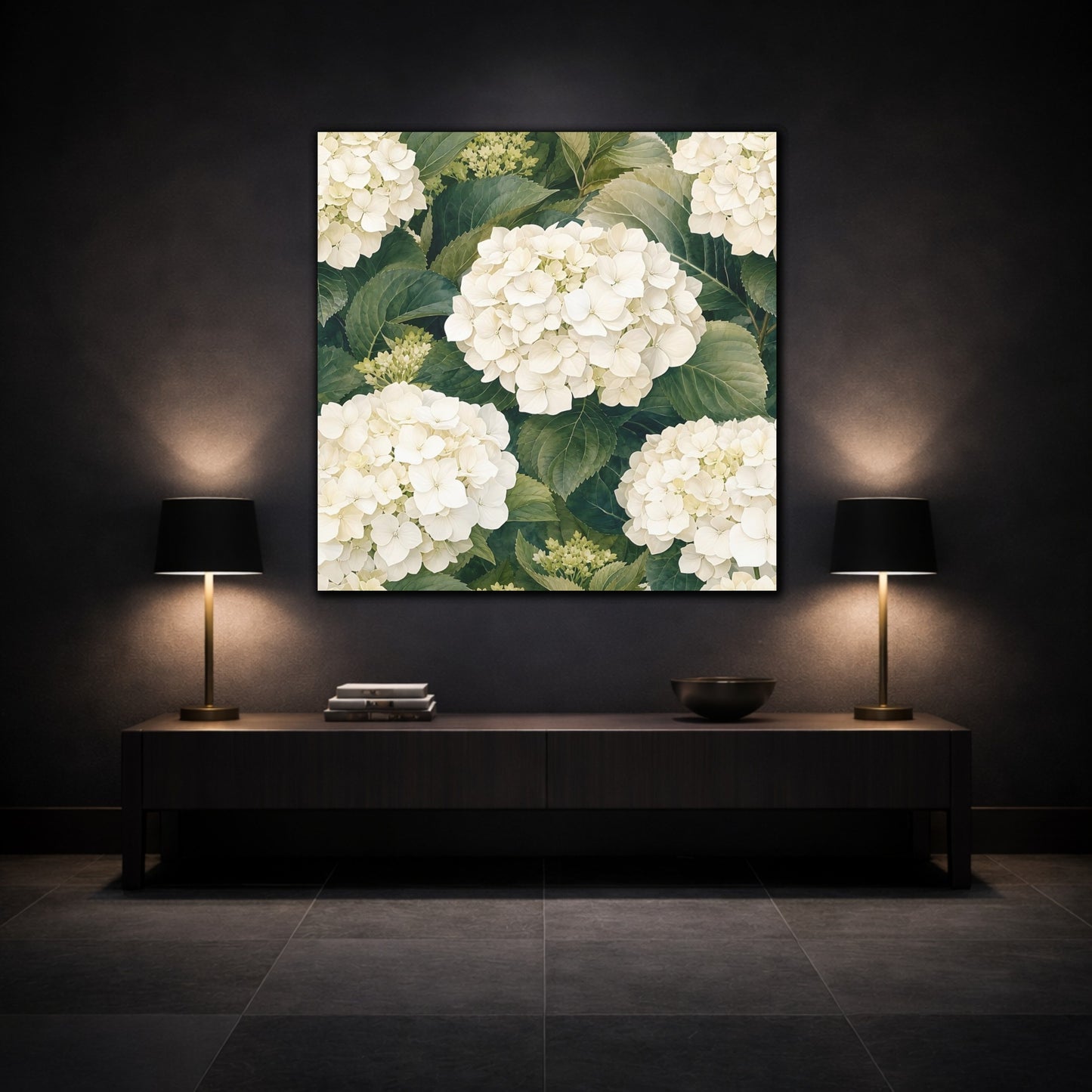Mockup 3. Floral White Hydrangea White And Green shown as stretched canvas wall art