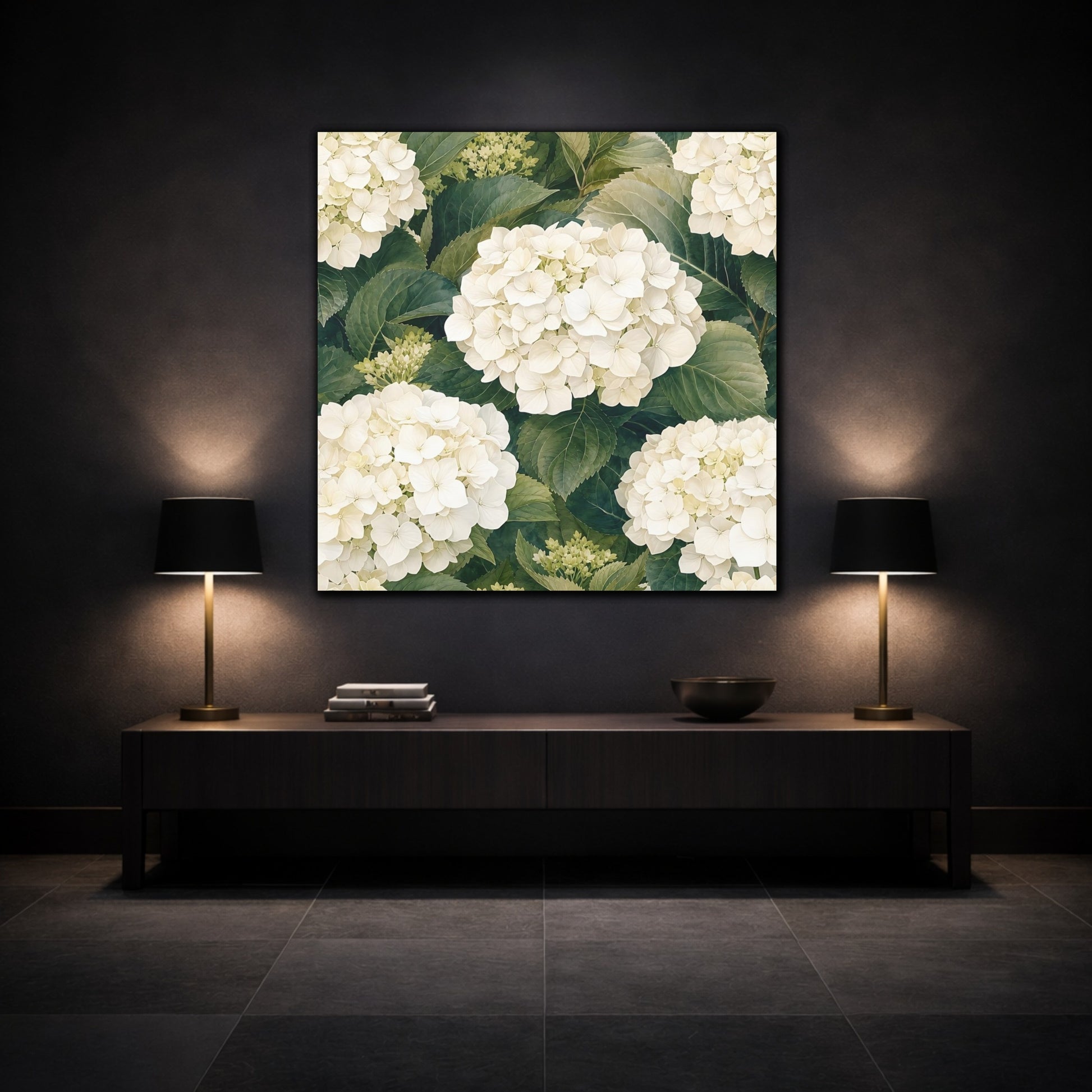 Mockup 3. Floral White Hydrangea White And Green shown as stretched canvas wall art