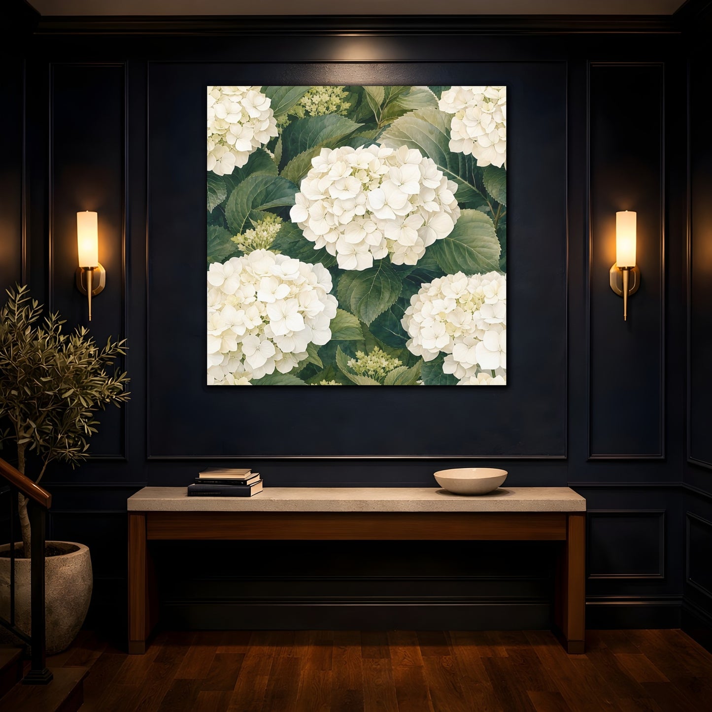 Mockup 4. Floral White Hydrangea White And Green shown as stretched canvas wall art