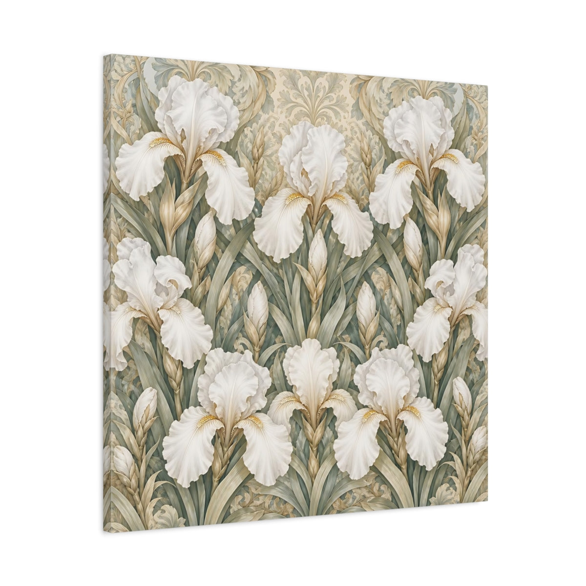 Side Mockup 3. Floral White Irises White Iris Floral Pattern shown as stretched canvas wall art