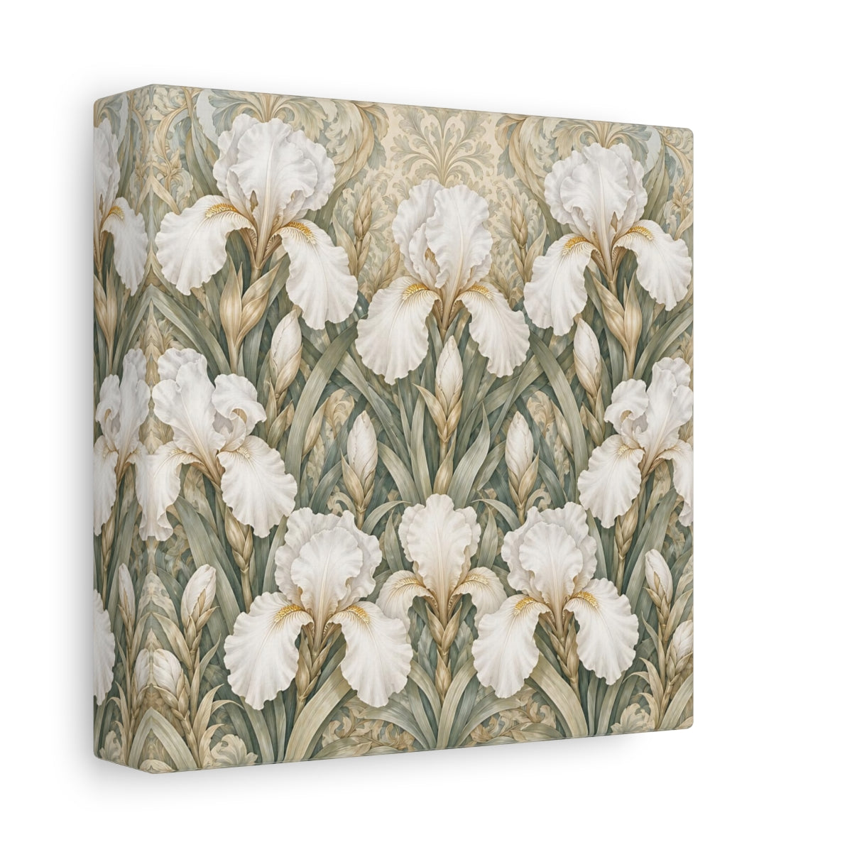 Side Mockup 2. Floral White Irises White Iris Floral Pattern shown as stretched canvas wall art