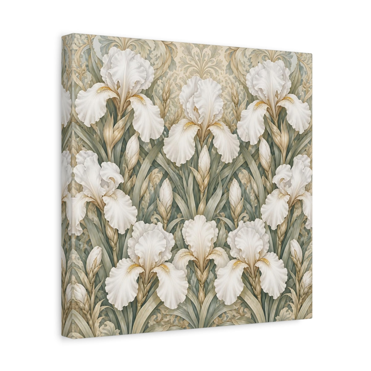 Side Mockup 7. Floral White Irises White Iris Floral Pattern shown as stretched canvas wall art