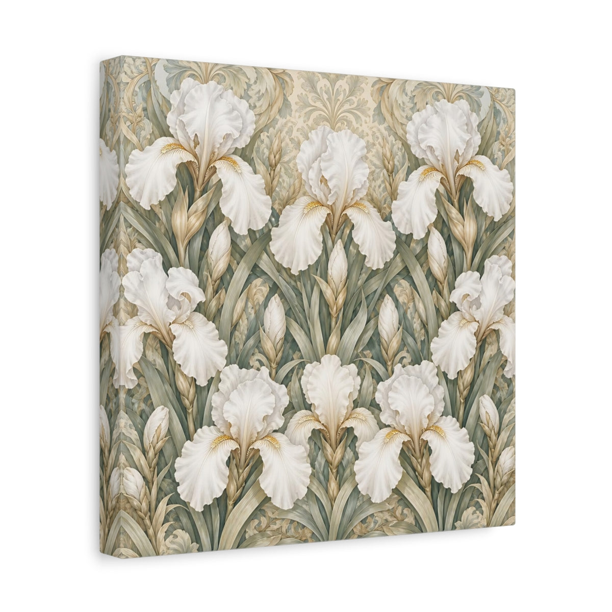 Side Mockup 8. Floral White Irises White Iris Floral Pattern shown as stretched canvas wall art