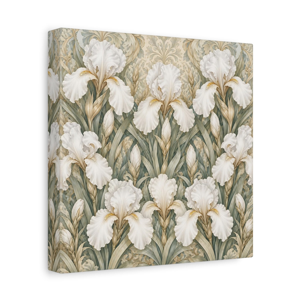 Side Mockup 9. Floral White Irises White Iris Floral Pattern shown as stretched canvas wall art