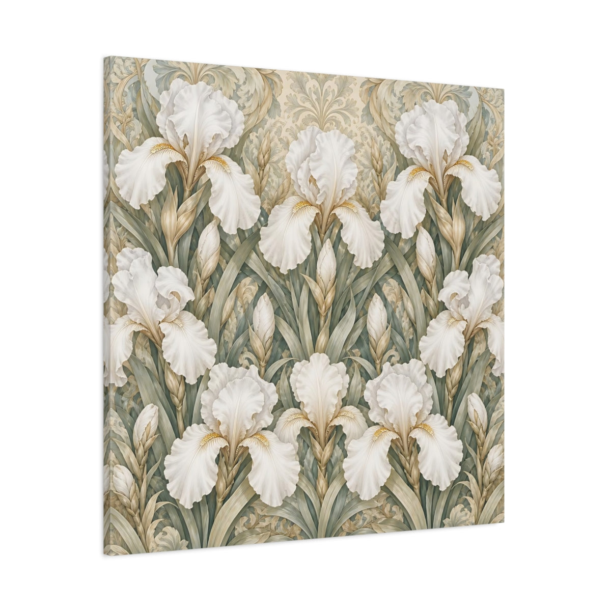 Side Mockup 1. Floral White Irises White Iris Floral Pattern shown as stretched canvas wall art