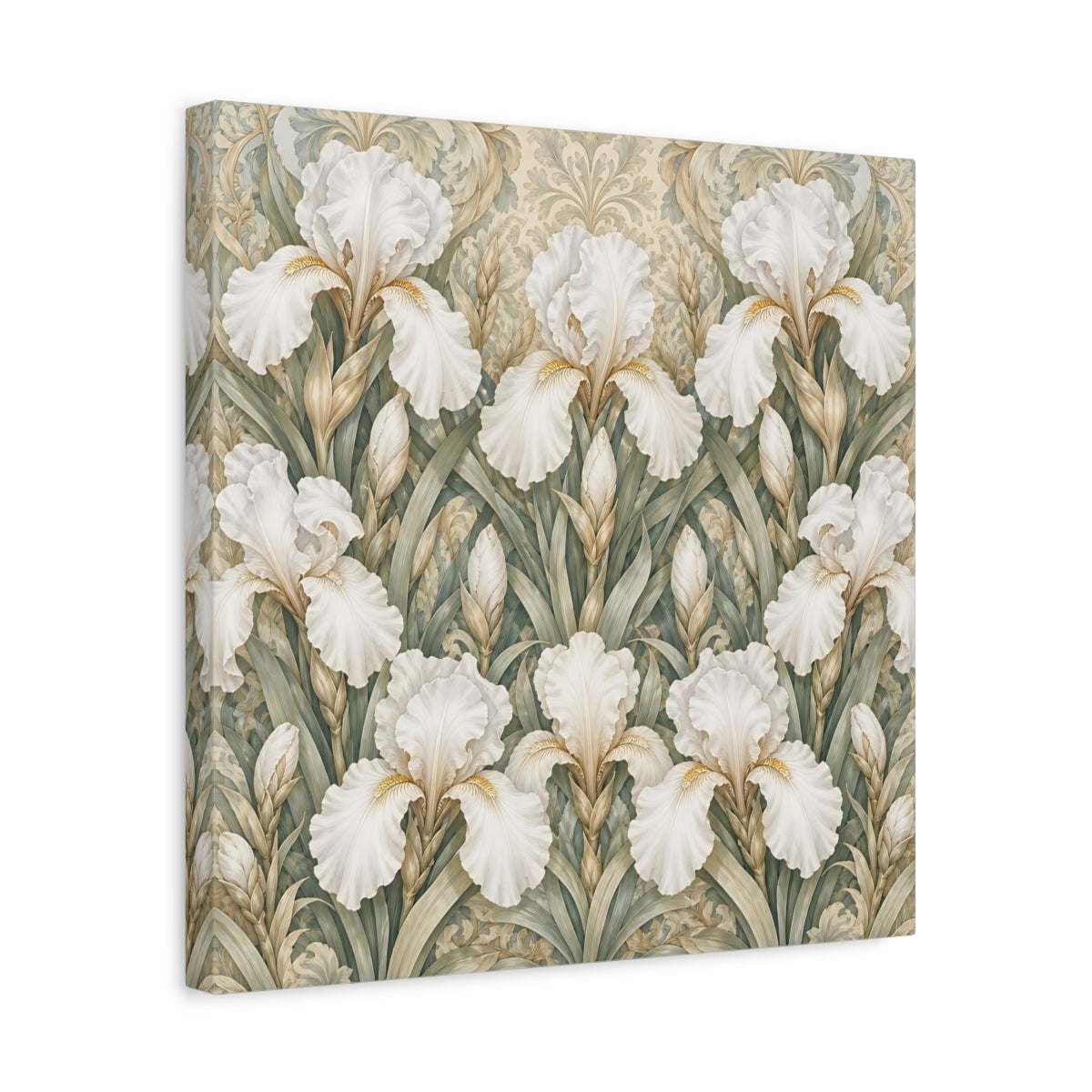 Side Mockup 6. Floral White Irises White Iris Floral Pattern shown as stretched canvas wall art