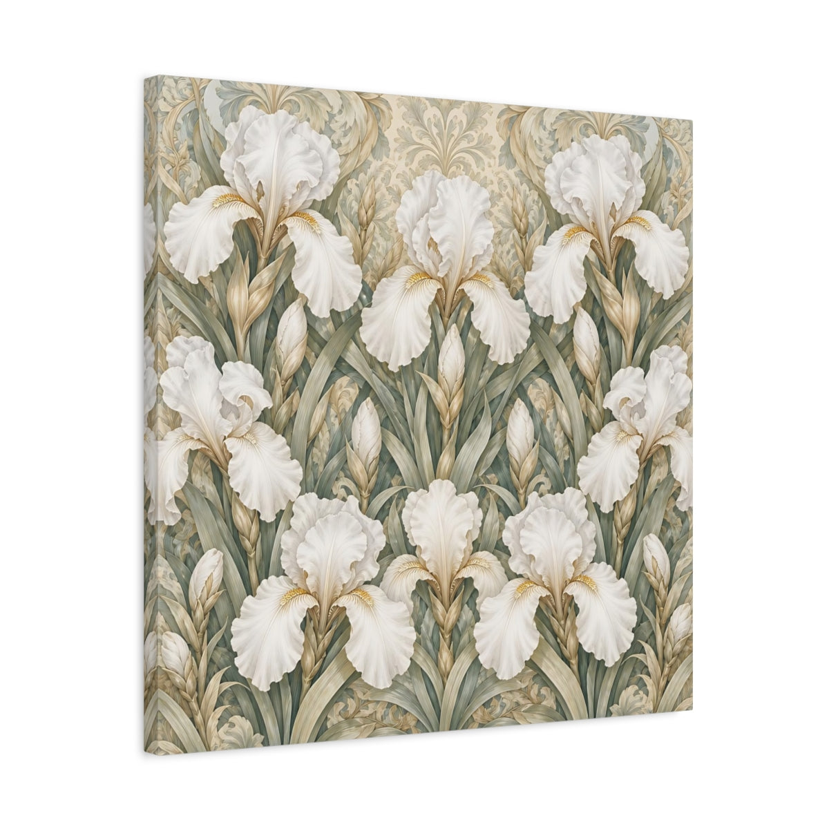Side Mockup 4. Floral White Irises White Iris Floral Pattern shown as stretched canvas wall art