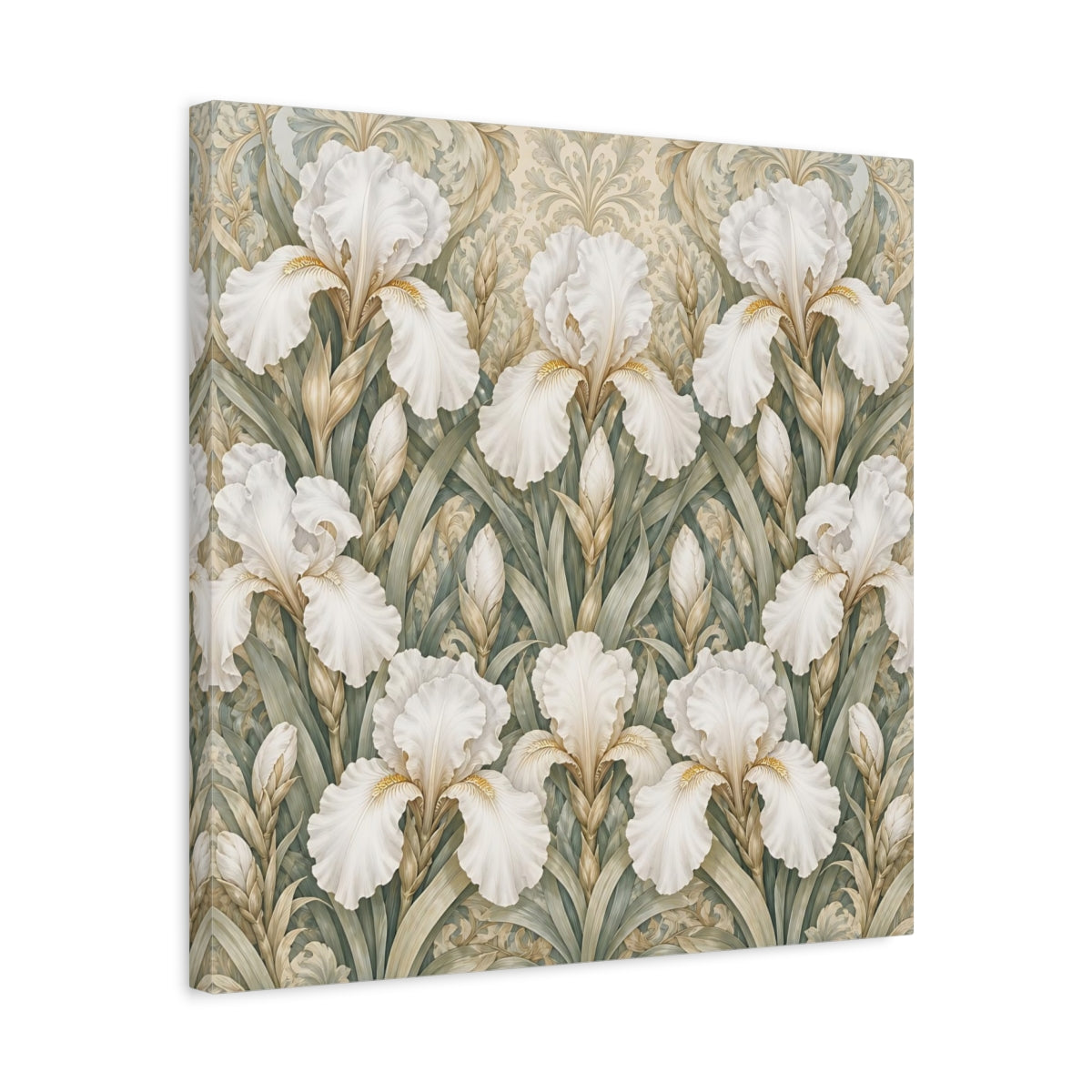 Side Mockup 5. Floral White Irises White Iris Floral Pattern shown as stretched canvas wall art