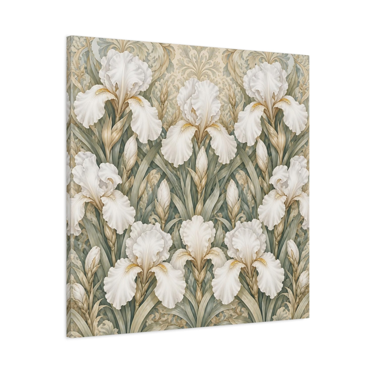Main Mockup. Floral White Irises White Iris Floral Pattern shown as stretched canvas wall art