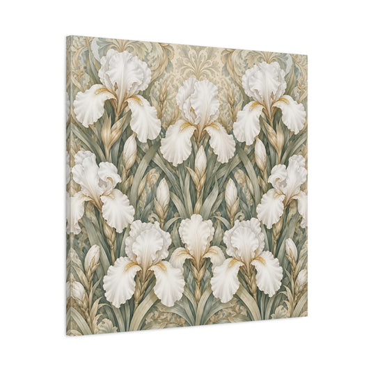 Main Mockup. Floral White Irises White Iris Floral Pattern shown as stretched canvas wall art