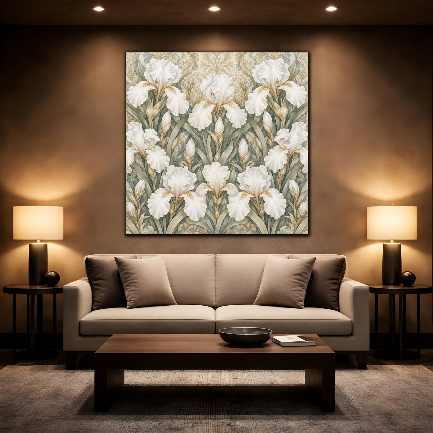 Mockup 2. Floral White Irises White Iris Floral Pattern shown as stretched canvas wall art