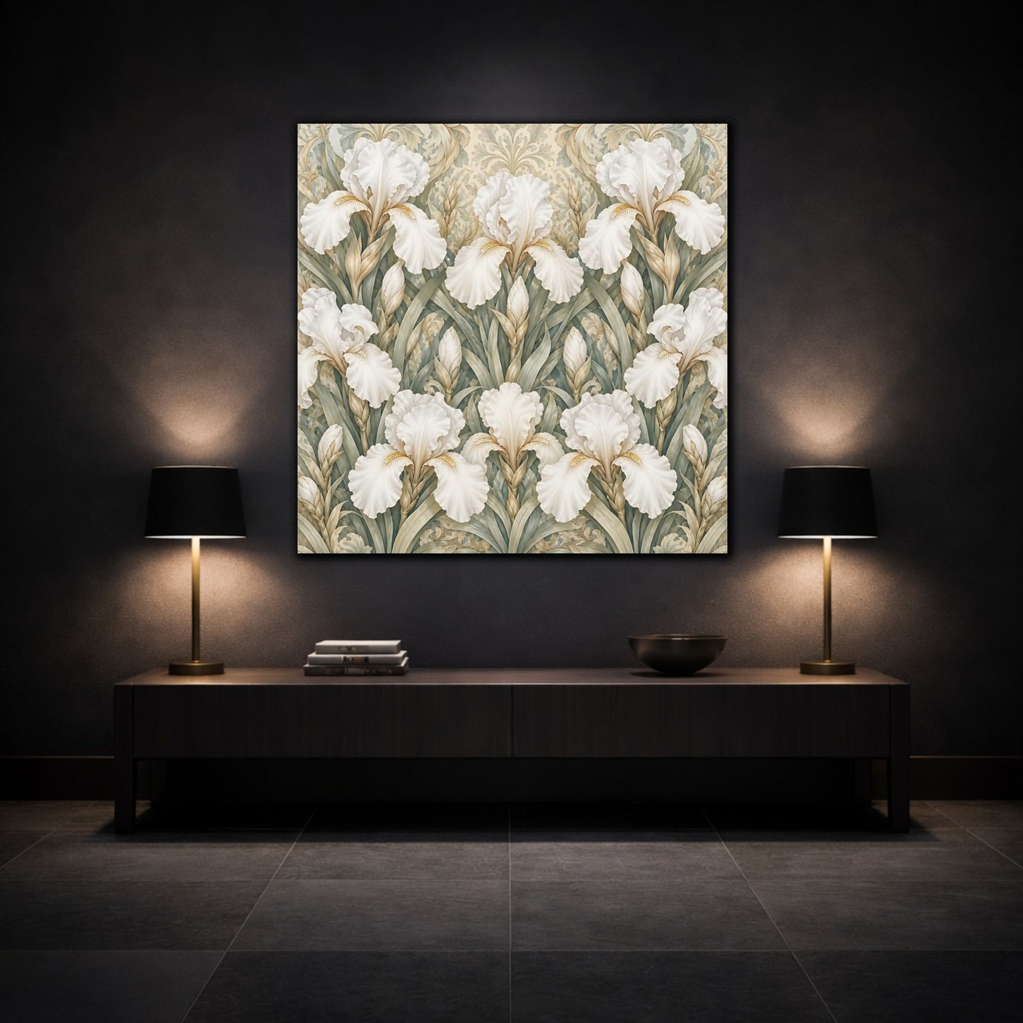 Mockup 3. Floral White Irises White Iris Floral Pattern shown as stretched canvas wall art