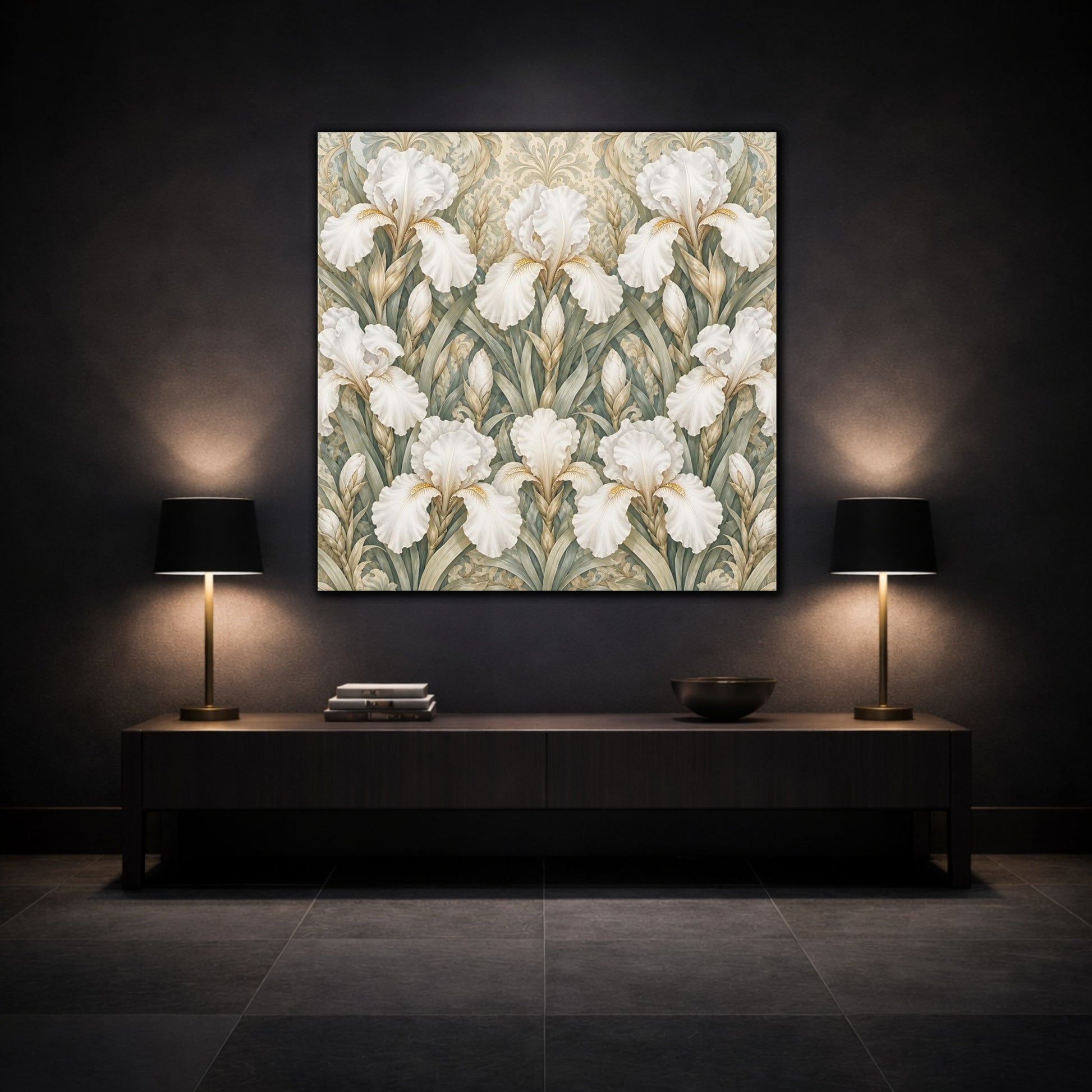 Mockup 3. Floral White Irises White Iris Floral Pattern shown as stretched canvas wall art