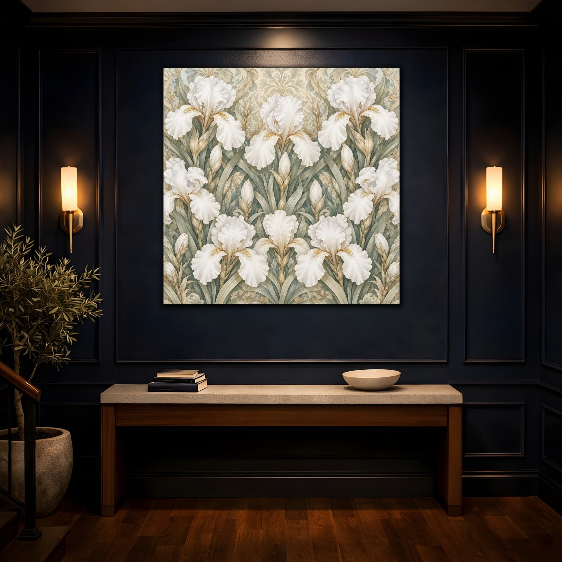 Mockup 4. Floral White Irises White Iris Floral Pattern shown as stretched canvas wall art
