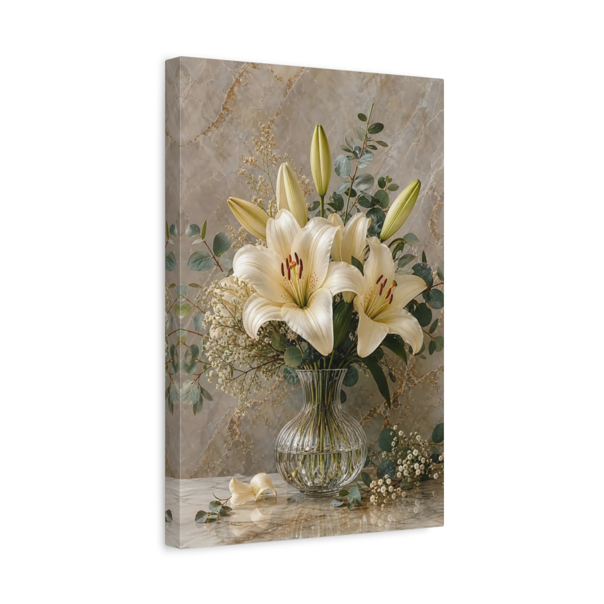 Side Mockup 4. Floral White Lilies White Lilies Beige shown as stretched canvas wall art
