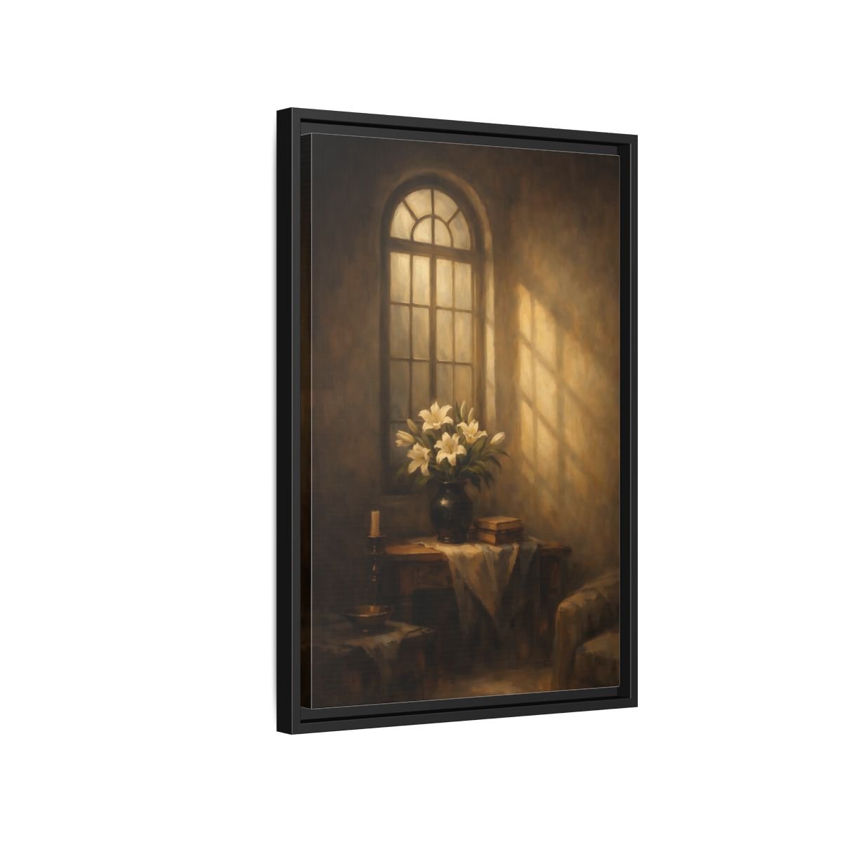 Floral White Lilies Brown - Framed Canvas Wall Art Print - YesArtYes